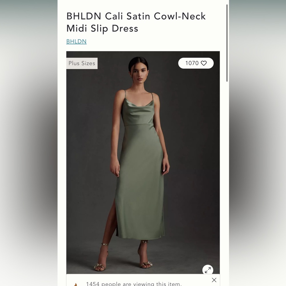 BHLDN satin cali cowl-neck midi slip dress in moss